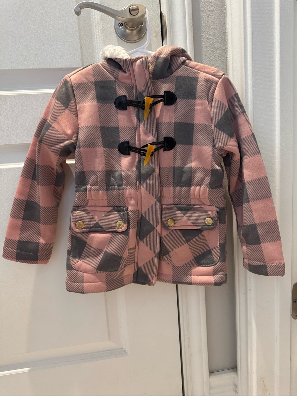 Pink Platinum Girls Pink and Gray Plaid Hooded Toggle Pea Coat